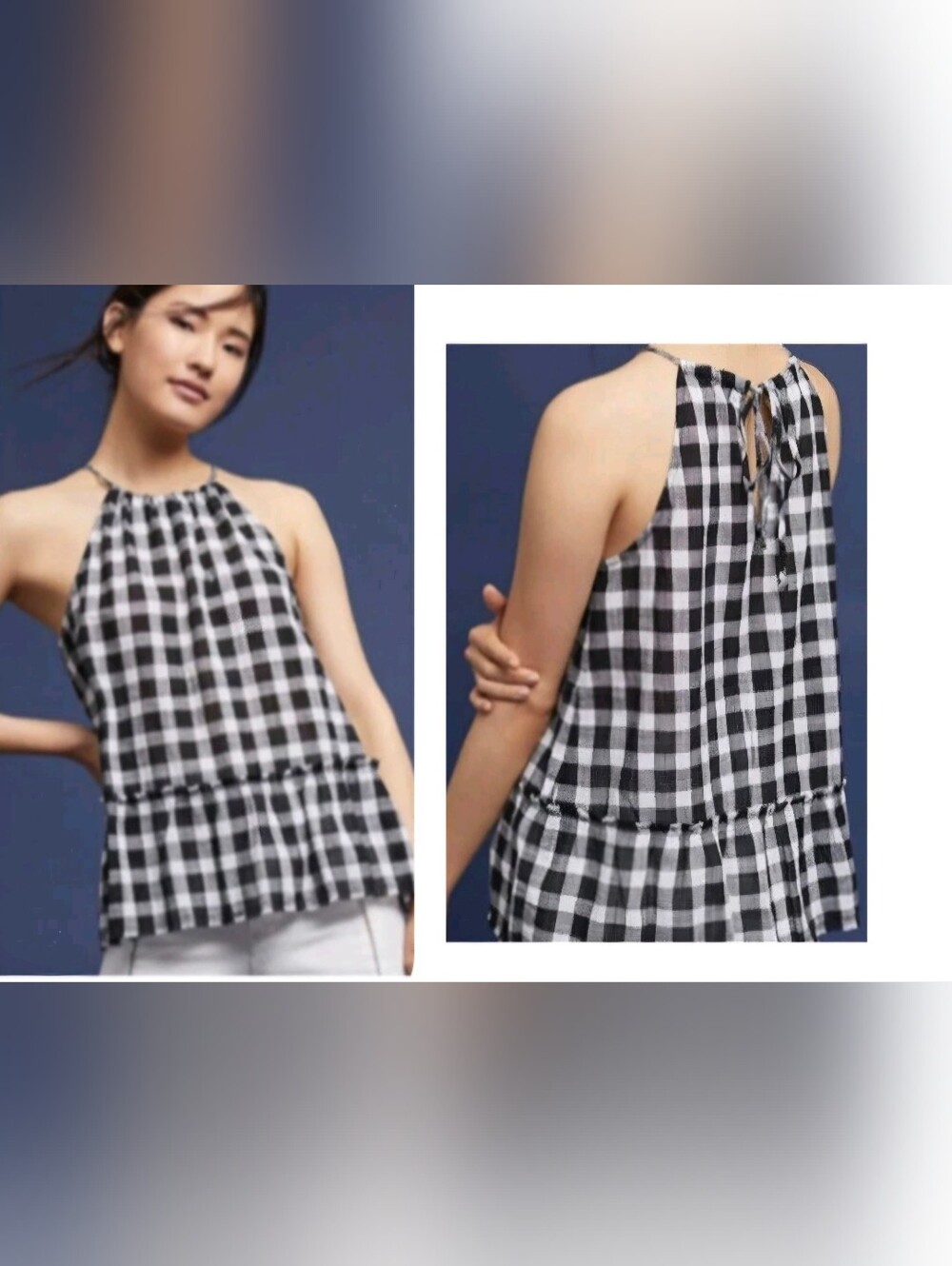 Anthropologie Black and White Gingham Halter Tank Size M 100% Cotton